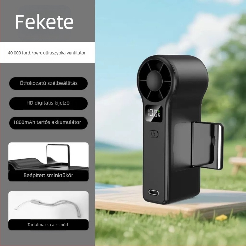 GF8 magas fordulatú kézi ventilátor USB töltéssel, turbina kialakítás, digitális kijelző és tükör, könnyű és kompakt