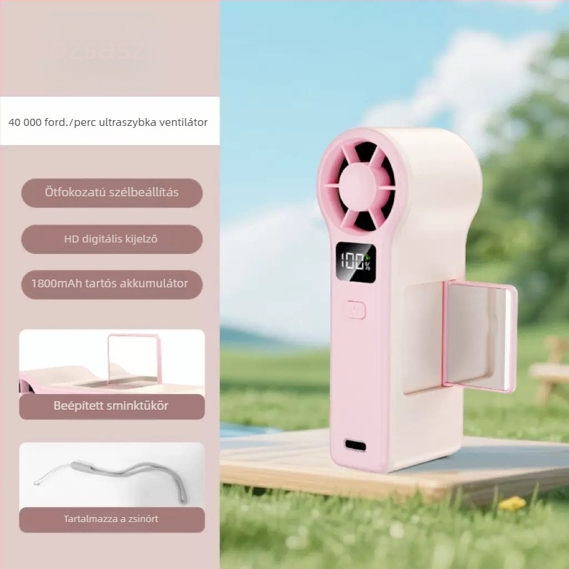 GF8 magas fordulatú kézi ventilátor USB töltéssel, turbina kialakítás, digitális kijelző és tükör, könnyű és kompakt