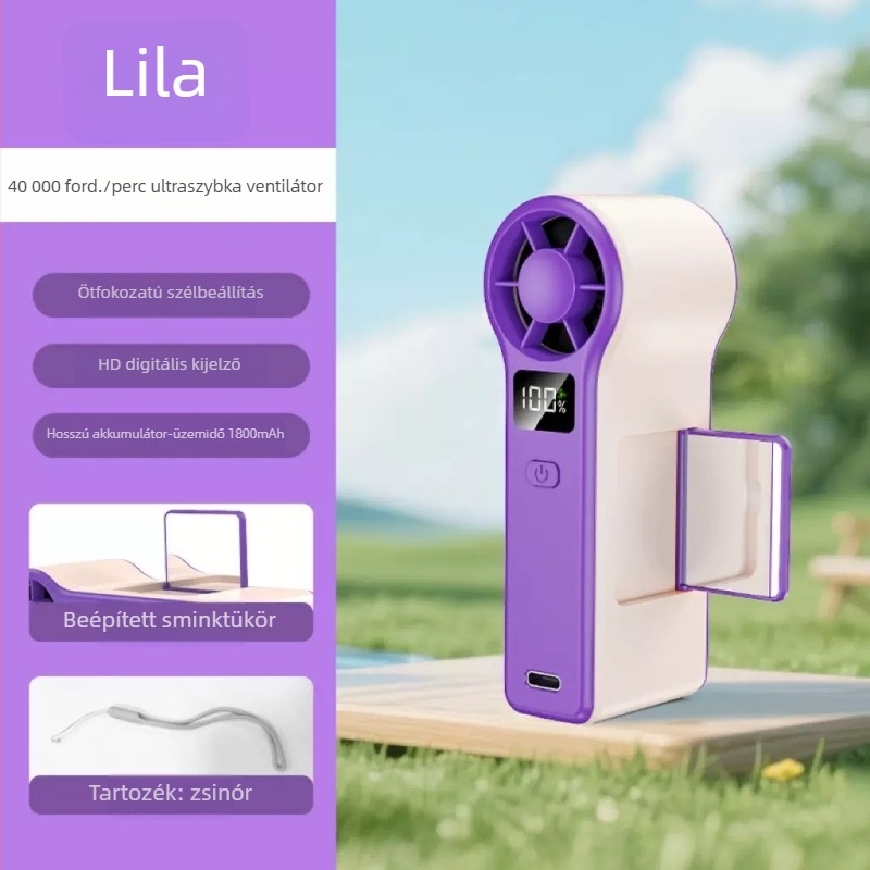 GF8 magas fordulatú kézi ventilátor USB töltéssel, turbina kialakítás, digitális kijelző és tükör, könnyű és kompakt