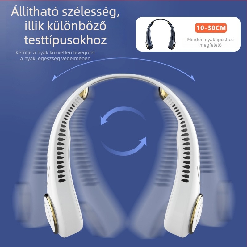 USB-s nyakventilátor, lapátok nélküli, beépített akkumulátor, 3 sebesség, zaj 36 dB alatt