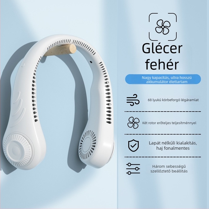 USB-s nyakventilátor, lapátok nélküli, beépített akkumulátor, 3 sebesség, zaj 36 dB alatt