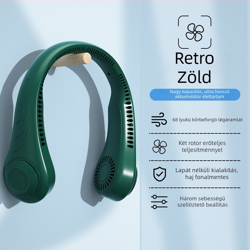 USB-s nyakventilátor, lapátok nélküli, beépített akkumulátor, 3 sebesség, zaj 36 dB alatt