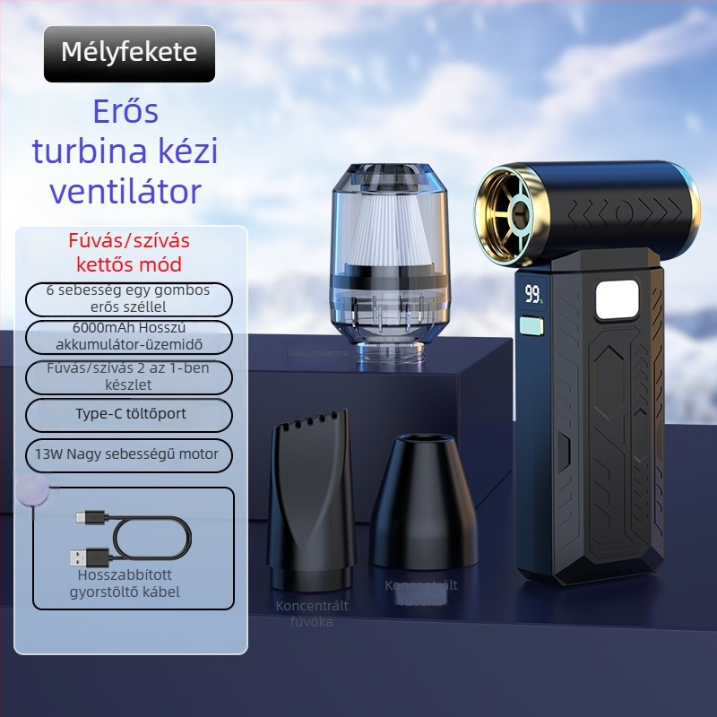 6 sebességű hordozható turbó levegőfúvó, kézi működés, újratölthető, kemping mini ventilátor