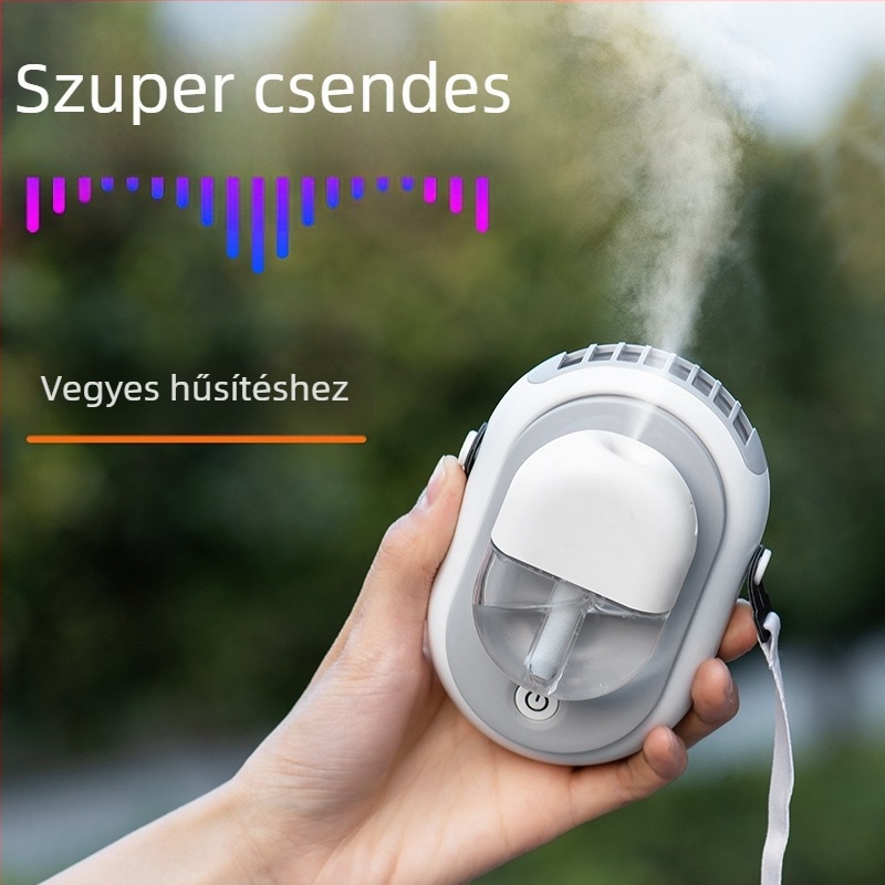USB-s nyakba akasztható ventilátor köd-hűtéssel és aromaterápiával, beépített 2000–4000 mAh akkumulátor, 3 sebesség