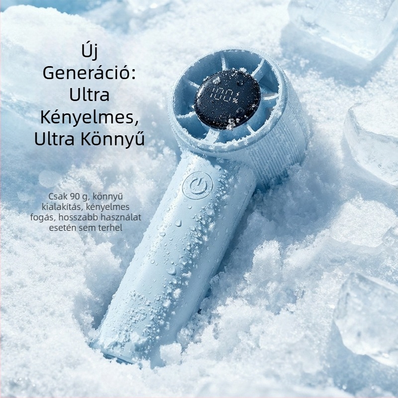 Kézben tartható lapát nélküli ventilátor, USB-töltő, brushless motor, beépített 1200–2000 mAh akkumulátor, 5 sebesség, 90 g súly