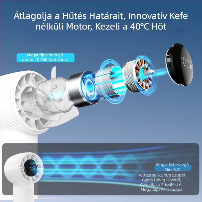 Kézben tartható lapát nélküli ventilátor, USB-töltő, brushless motor, beépített 1200–2000 mAh akkumulátor, 5 sebesség, 90 g súly