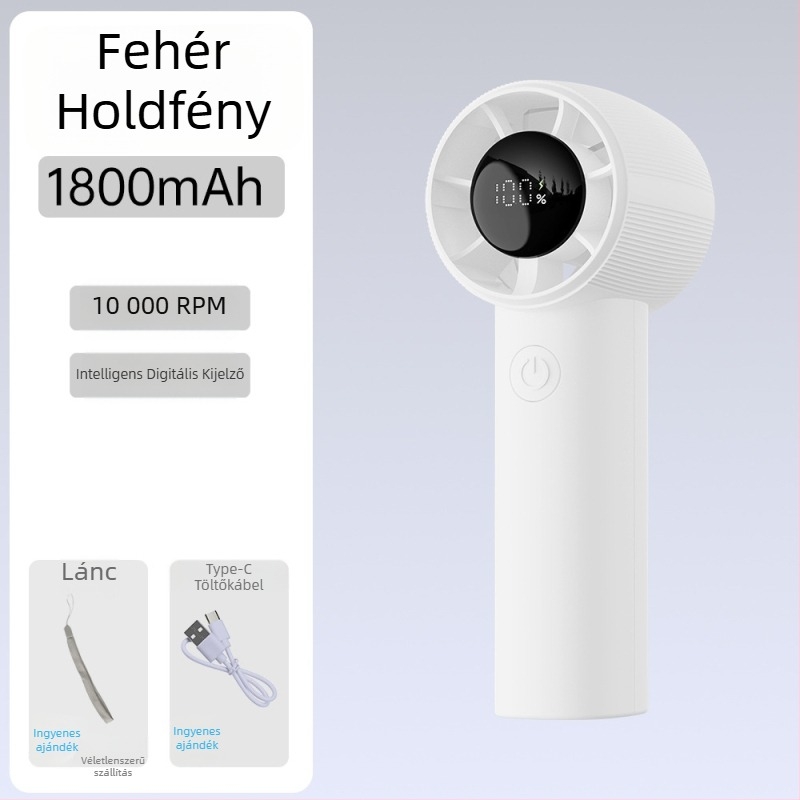 Kézben tartható lapát nélküli ventilátor, USB-töltő, brushless motor, beépített 1200–2000 mAh akkumulátor, 5 sebesség, 90 g súly