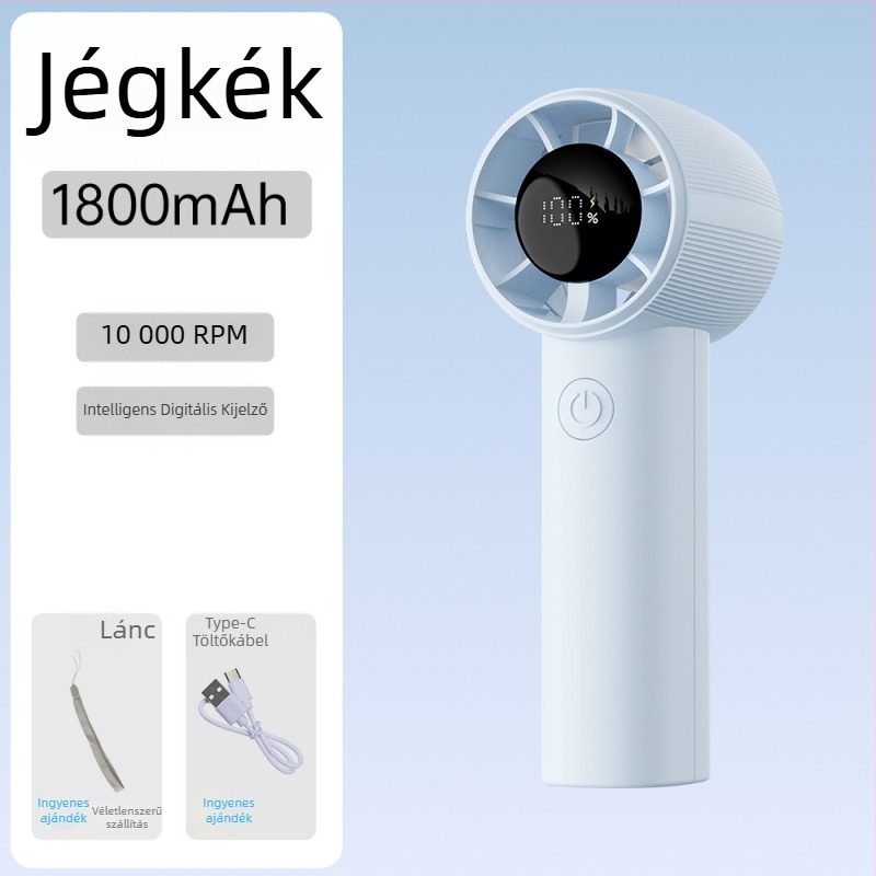 Kézben tartható lapát nélküli ventilátor, USB-töltő, brushless motor, beépített 1200–2000 mAh akkumulátor, 5 sebesség, 90 g súly