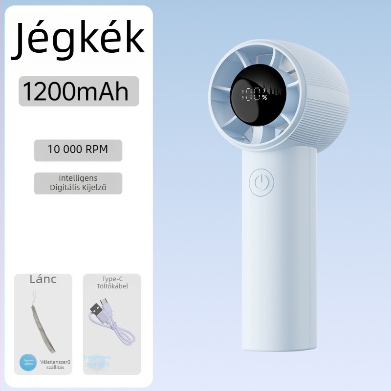 Kézben tartható lapát nélküli ventilátor, USB-töltő, brushless motor, beépített 1200–2000 mAh akkumulátor, 5 sebesség, 90 g súly