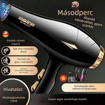 Szalonminőségű hajszárító, erős légáram, hideg/meleg levegő mód, negatív ion-technológia és vízion-technológia, gyors szárítás, halk működés