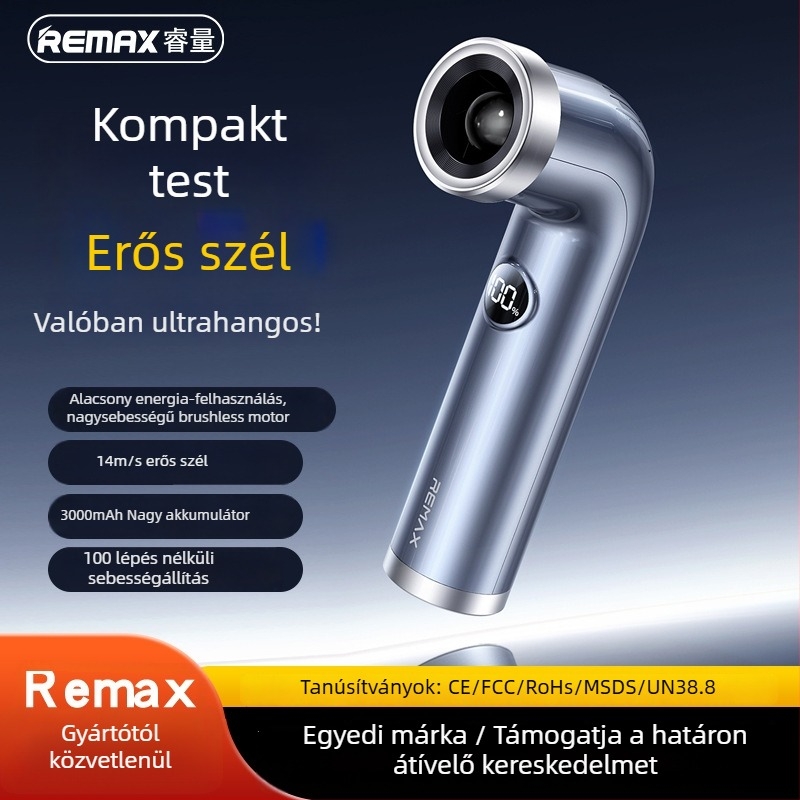 Remax Turbo Vortex kézi lapátmentes ventilátor, USB-töltés, 100 sebességszint, halk 36 dB alatt, beépített 2000–4000 mAh Li-ion akkumulátor