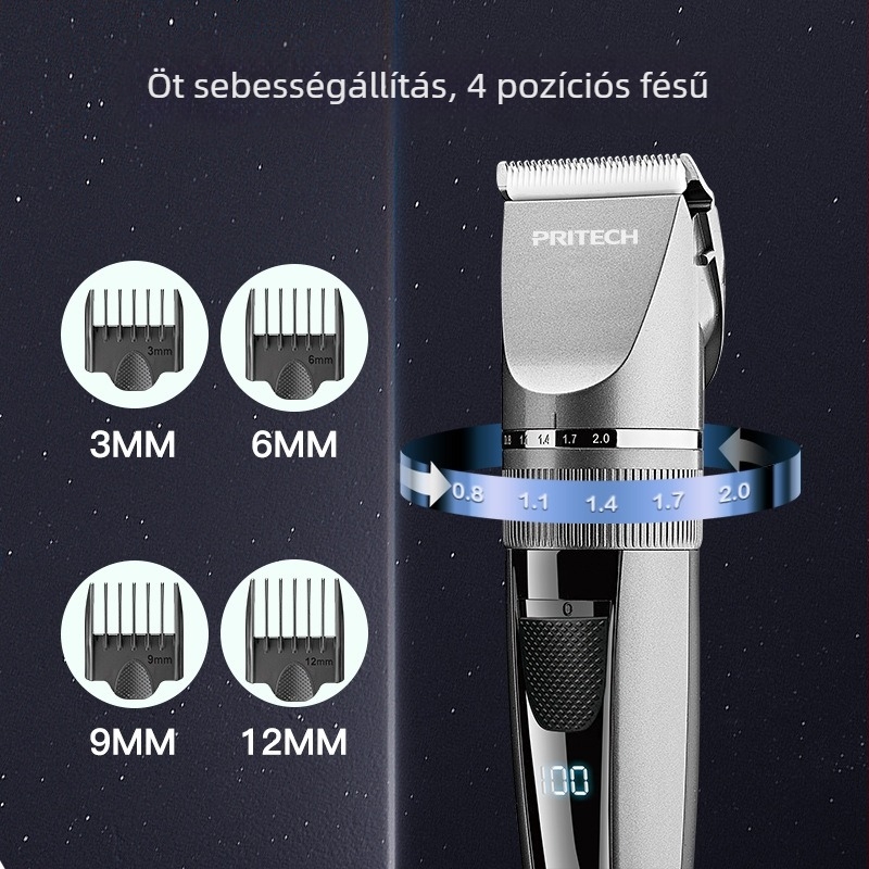 Pritech újratölthető hajvágó digitális kijelzővel, Beépített 1200-2000 mAh akkumulátor, 1-3 órás üzemidő, kefés motor, rozsdamentes acél pengék