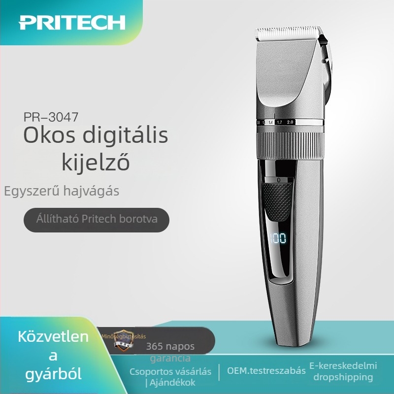 Pritech újratölthető hajvágó digitális kijelzővel, Beépített 1200-2000 mAh akkumulátor, 1-3 órás üzemidő, kefés motor, rozsdamentes acél pengék