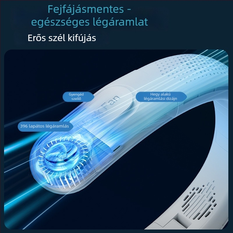 Penge nélküli nyakventilátor USB-töltéssel, digitális kijelzővel, 3 sebességgel, csendes működés, beépített 2000–4000 mAh akkumulátor.