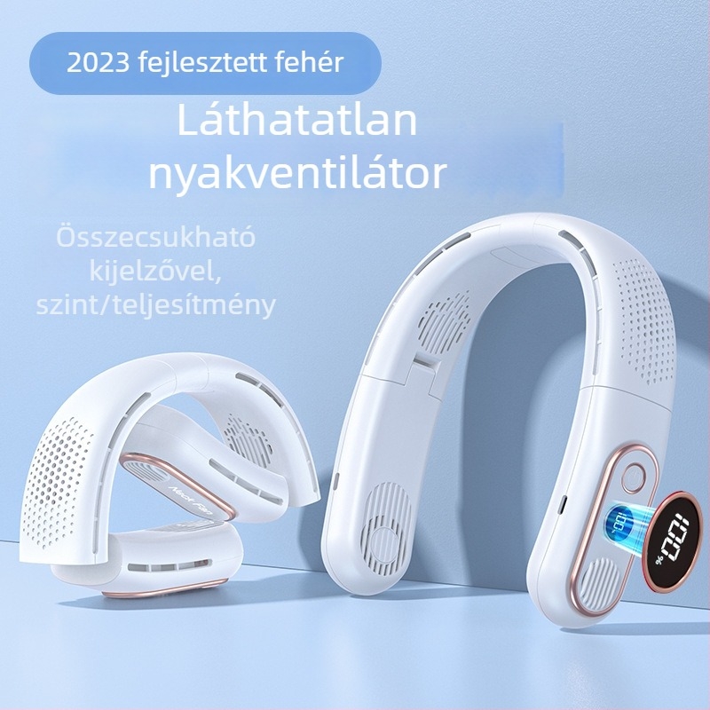 Penge nélküli nyakventilátor USB-töltéssel, digitális kijelzővel, 3 sebességgel, csendes működés, beépített 2000–4000 mAh akkumulátor.