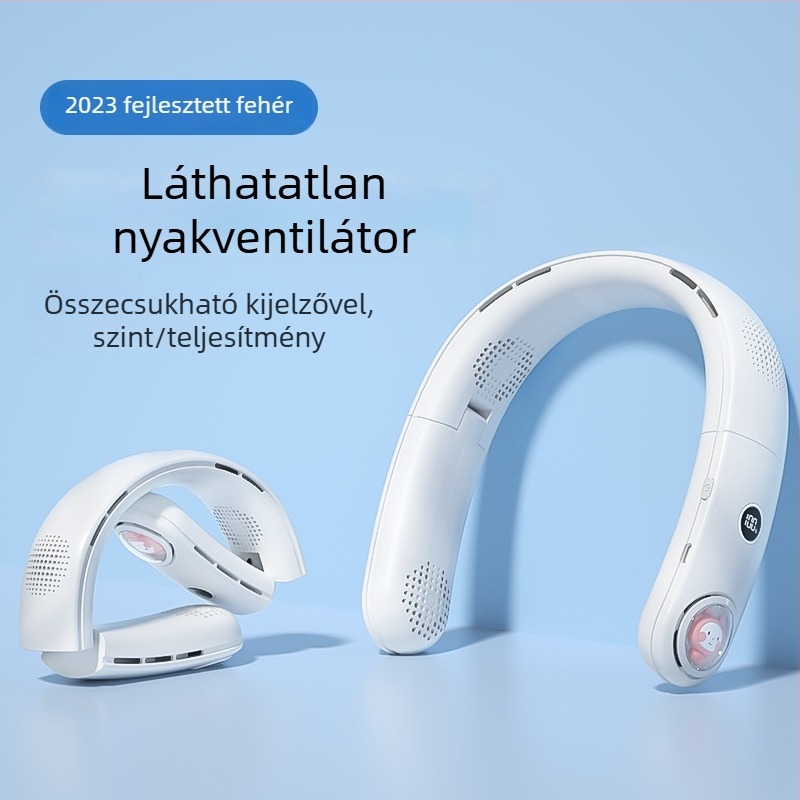 Penge nélküli nyakventilátor USB-töltéssel, digitális kijelzővel, 3 sebességgel, csendes működés, beépített 2000–4000 mAh akkumulátor.