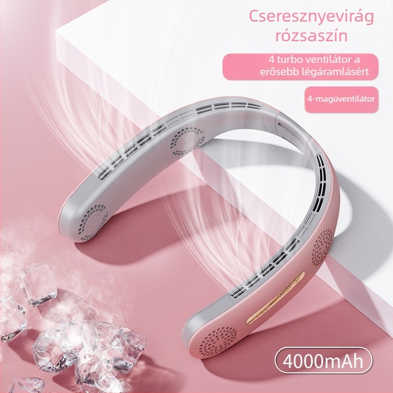 Penge nélküli nyakventilátor USB-töltéssel, digitális kijelzővel, 3 sebességgel, csendes működés, beépített 2000–4000 mAh akkumulátor.