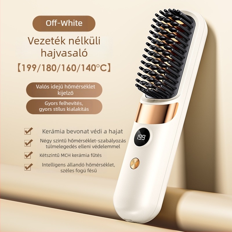 Vezeték nélküli hajformázó fésű – 3 az 1-ben szárítás, göndörítés és kiegyenesítés; turmalin-kerámiás fűtés; 31 mm vezetőátmérő; 3600 mAh akkumulátor; 10 hőmérséklet-szint