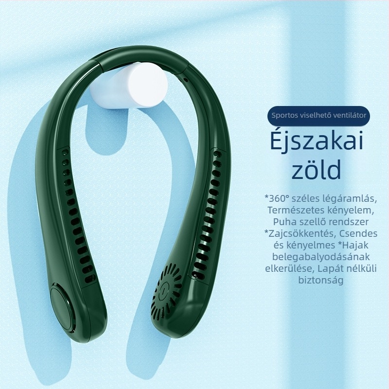 Nyakba akasztható ventilátor, lapát nélküli, USB-töltés, természetes szél, csendes <36 dB, 500–800 mAh akkumulátor, üzemidő >12 h