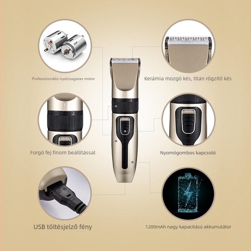 Professzionális elektromos hajvágó kerámiapengével, brushless motorral, újratölthető, cserélhető akkumulátor 1000–1200 mAh, zaj 36–45 dB