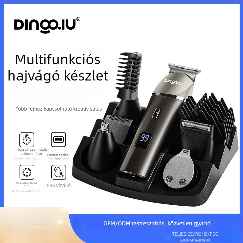 Elektromos hajvágó készlet, brushless motor, rozsdamentes acél pengék, vízálló és teljesen mosható, cserélhető akkumulátor 1000–1200 mAh, üzemidő 1–3 óra