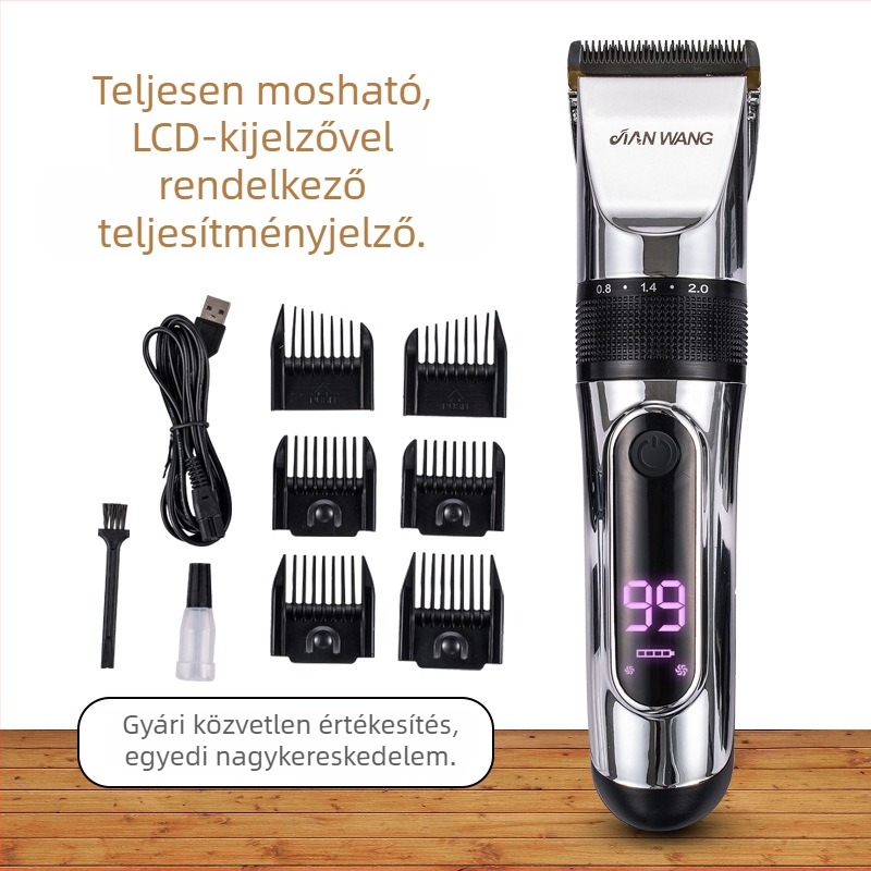 T777 elektromos hajvágó — kerámia penge, beépített akkumulátor 1200–2000mAh, üzemidő 1–3 óra, 12W kefés motor, teljes testben mosható