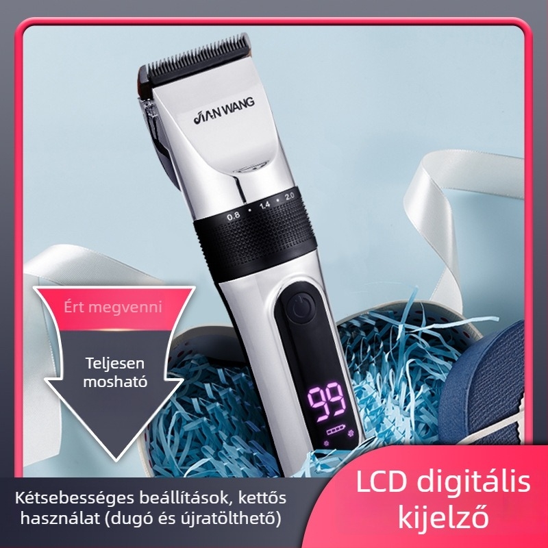 T777 elektromos hajvágó — kerámia penge, beépített akkumulátor 1200–2000mAh, üzemidő 1–3 óra, 12W kefés motor, teljes testben mosható