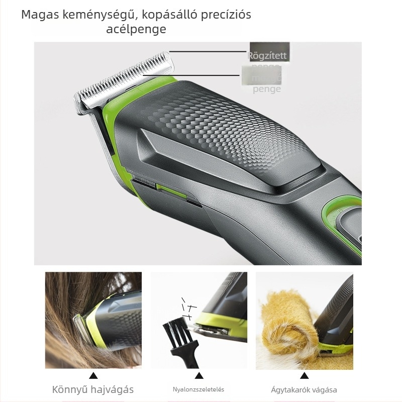 HTC elektromos hajvágó – USB töltés, beépített 500–800 mAh akkumulátor, üzemidő 1–3 óra, cserélhető vágófej