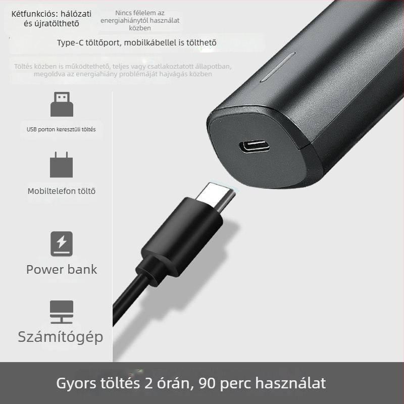 HTC elektromos hajvágó – USB töltés, beépített 500–800 mAh akkumulátor, üzemidő 1–3 óra, cserélhető vágófej