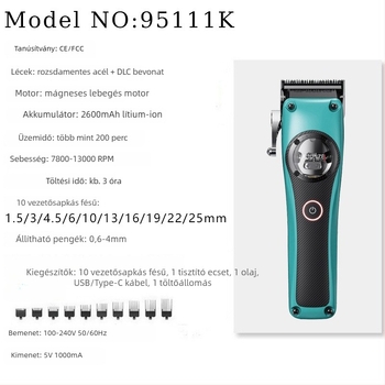 Elektronikus hajvágó készülék mágneses lebegő motorral, rozsdamentes acél pengék, beépített 2000–4000 mAh akkumulátor, 3–6 órás üzemidő, levehető és mosható fej