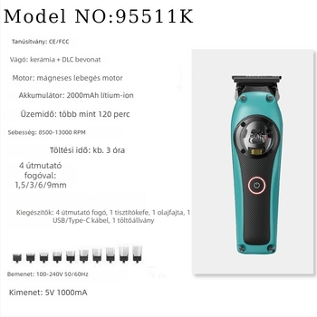 Elektronikus hajvágó készülék mágneses lebegő motorral, rozsdamentes acél pengék, beépített 2000–4000 mAh akkumulátor, 3–6 órás üzemidő, levehető és mosható fej