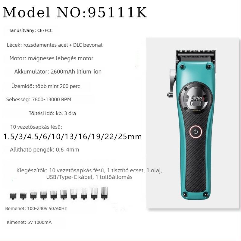 Elektronikus hajvágó készülék mágneses lebegő motorral, rozsdamentes acél pengék, beépített 2000–4000 mAh akkumulátor, 3–6 órás üzemidő, levehető és mosható fej