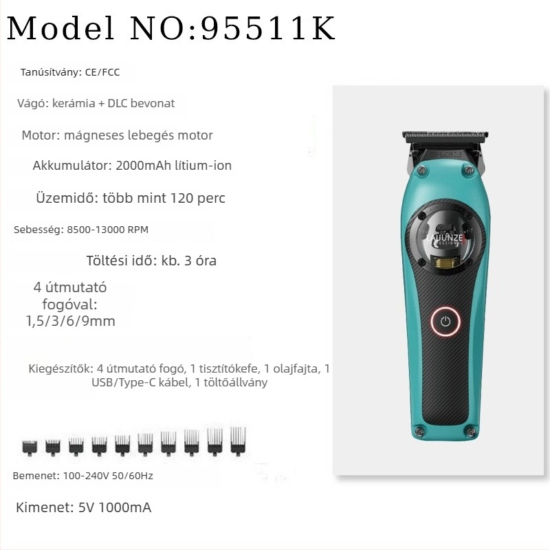 Elektronikus hajvágó készülék mágneses lebegő motorral, rozsdamentes acél pengék, beépített 2000–4000 mAh akkumulátor, 3–6 órás üzemidő, levehető és mosható fej