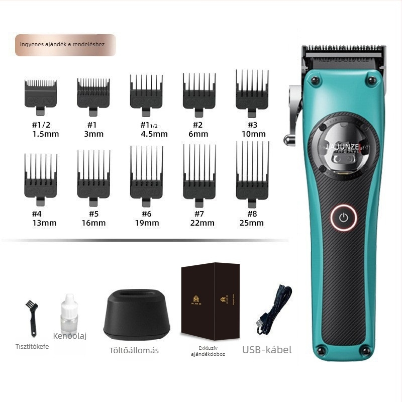 Elektronikus hajvágó készülék mágneses lebegő motorral, rozsdamentes acél pengék, beépített 2000–4000 mAh akkumulátor, 3–6 órás üzemidő, levehető és mosható fej