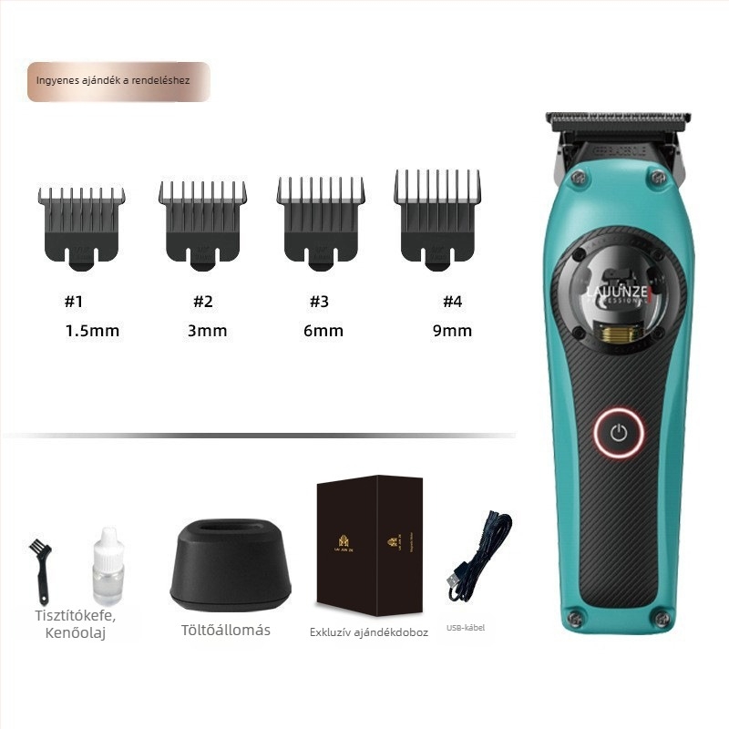 Elektronikus hajvágó készülék mágneses lebegő motorral, rozsdamentes acél pengék, beépített 2000–4000 mAh akkumulátor, 3–6 órás üzemidő, levehető és mosható fej