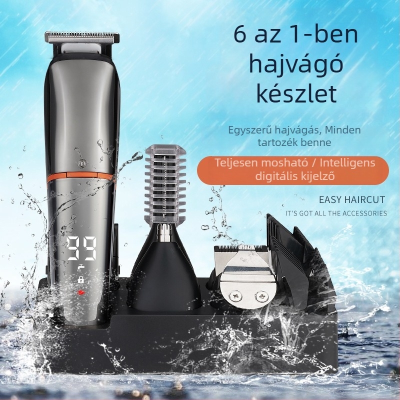 Digitális kijelzős elektromos hajvágó, teljes testre vízálló, 6 az 1-ben készlet, brushless motor, rozsdamentes acél pengék, újratölthető, levehető és mosható vágófej