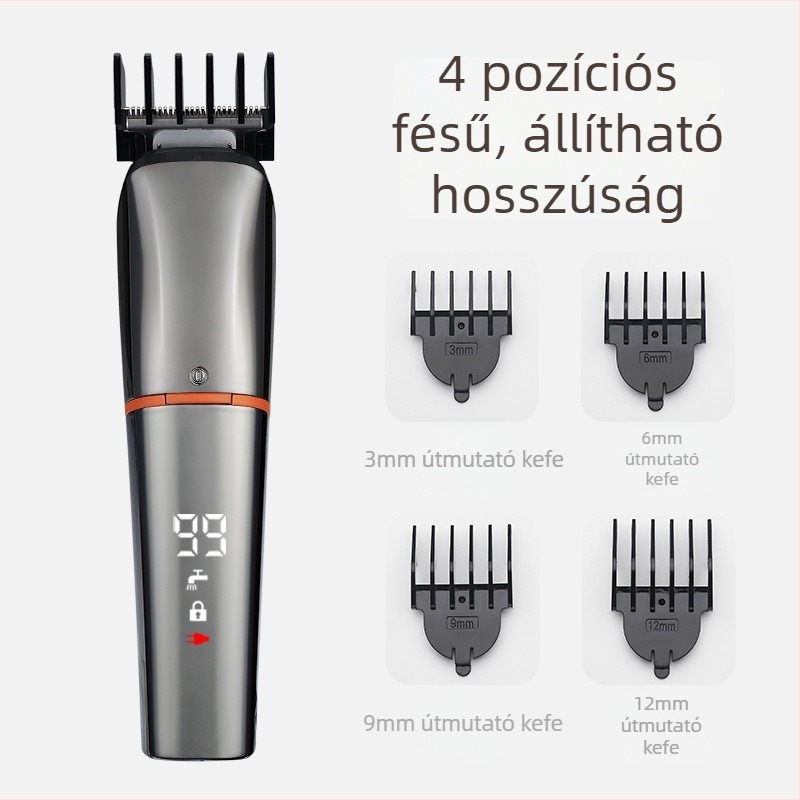 Digitális kijelzős elektromos hajvágó, teljes testre vízálló, 6 az 1-ben készlet, brushless motor, rozsdamentes acél pengék, újratölthető, levehető és mosható vágófej