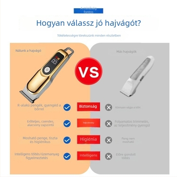 Digitális kijelzős elektromos hajvágó, beépített akkumulátor, 90 perces üzemidő, rozsdamentes acél pengék, vízálló, hordozható, kivehető és mosható penge