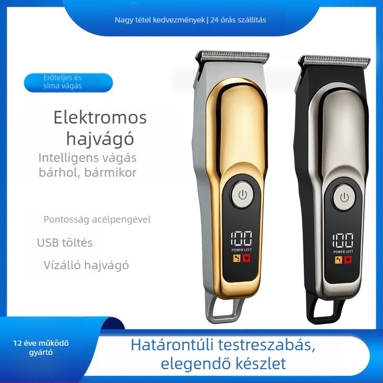 Digitális kijelzős elektromos hajvágó, beépített akkumulátor, 90 perces üzemidő, rozsdamentes acél pengék, vízálló, hordozható, kivehető és mosható penge