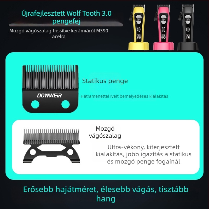 Hajvágó készülék külső rotoros motorral, duális tápegység, rozsdamentes acél pengék, beépített akkumulátor 4000–6000 mAh, zaj 46–70 dB