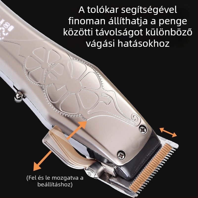 Férfi elektromos hajvágó kefés motorral, rozsdamentes acél pengéjű fej, beépített akkumulátor 1000–1200mAh, üzemidő 3–6 óra, alacsony zaj (<36 dB)