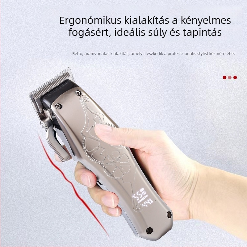 Férfi elektromos hajvágó kefés motorral, rozsdamentes acél pengéjű fej, beépített akkumulátor 1000–1200mAh, üzemidő 3–6 óra, alacsony zaj (<36 dB)