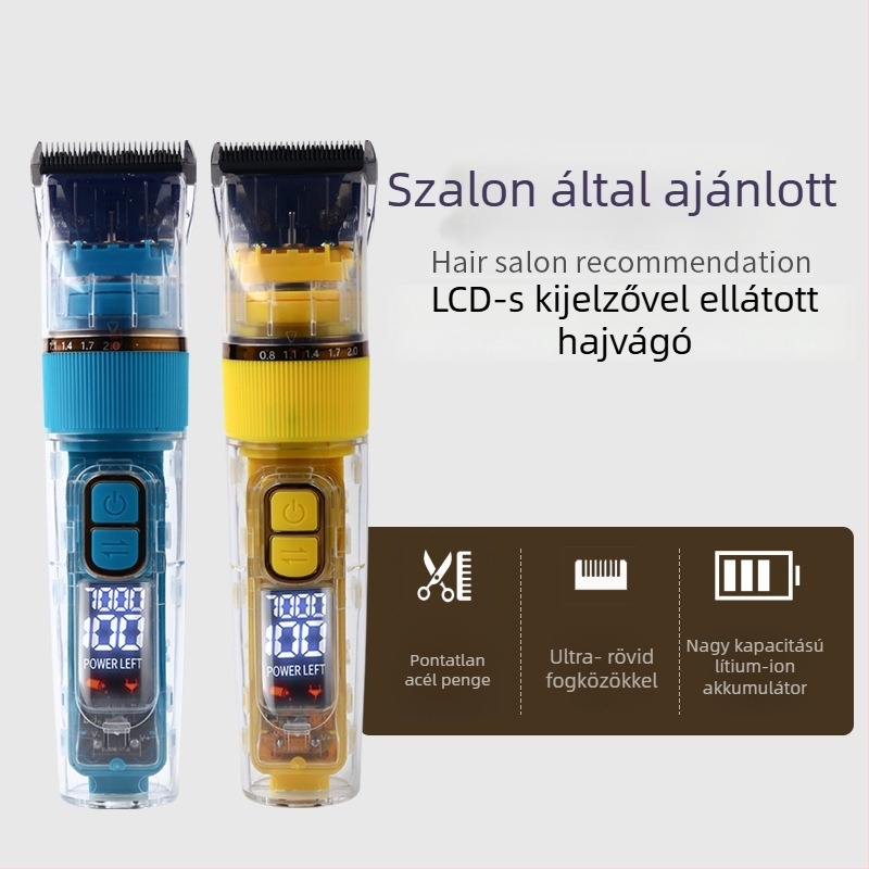 Elektromos hajvágó acél vágófejjel, 4 pozíciós fésűvel, beépített újratölthető akkumulátorral, digitális kijelzővel, vízálló és halk működésű