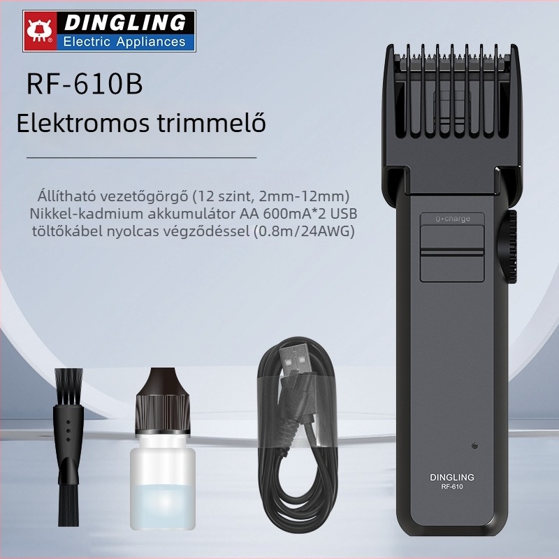 RF-610B Elektromos trimmel és borotva – USB töltés/duál üzemmód, beépített 800–1000 mAh akkumulátor, működési idő 3–6 óra, kefés motor, rozsdamentes acél pengék, levehető és mosható vágófej.