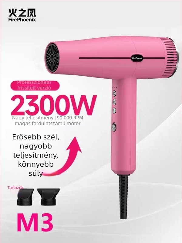 Fire Phoenix professzionális szalon hajszárító kefementes motorral, 2000W, 220V, hideg/meleg levegő hőmérséklet-szabályozás, negatív ionok