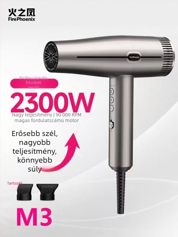 Fire Phoenix professzionális szalon hajszárító kefementes motorral, 2000W, 220V, hideg/meleg levegő hőmérséklet-szabályozás, negatív ionok