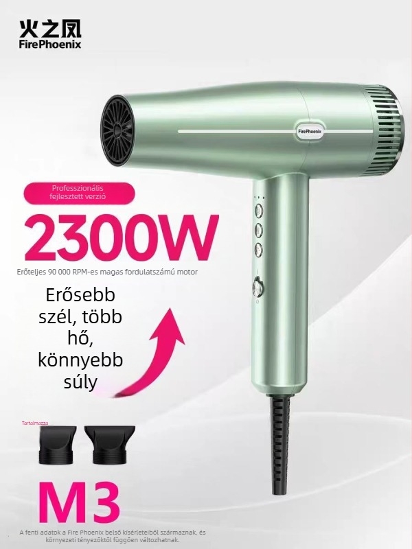 Fire Phoenix professzionális szalon hajszárító kefementes motorral, 2000W, 220V, hideg/meleg levegő hőmérséklet-szabályozás, negatív ionok