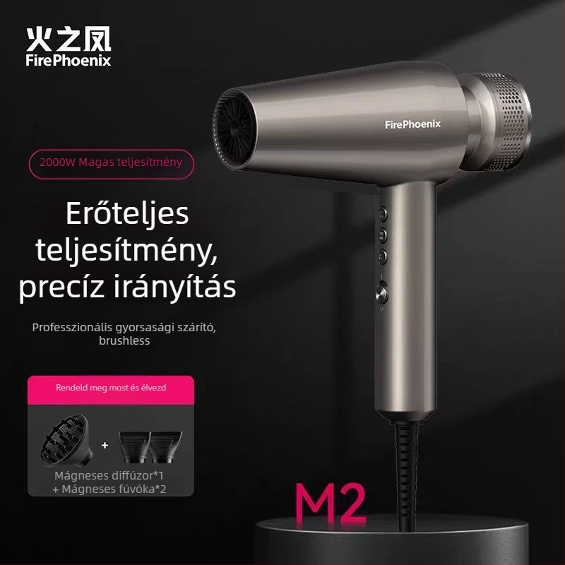 Fire Phoenix professzionális szalon hajszárító kefementes motorral, 2000W, 220V, hideg/meleg levegő hőmérséklet-szabályozás, negatív ionok