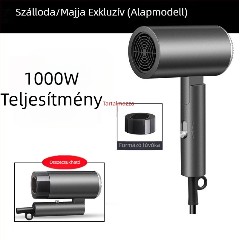 Összecsukható hajszárító hotelszobákhoz, szénkefe nélküli motor, 4 fokozat, hideg/meleg levegő, túlmelegedés elleni védelem, koncentrátoros fej