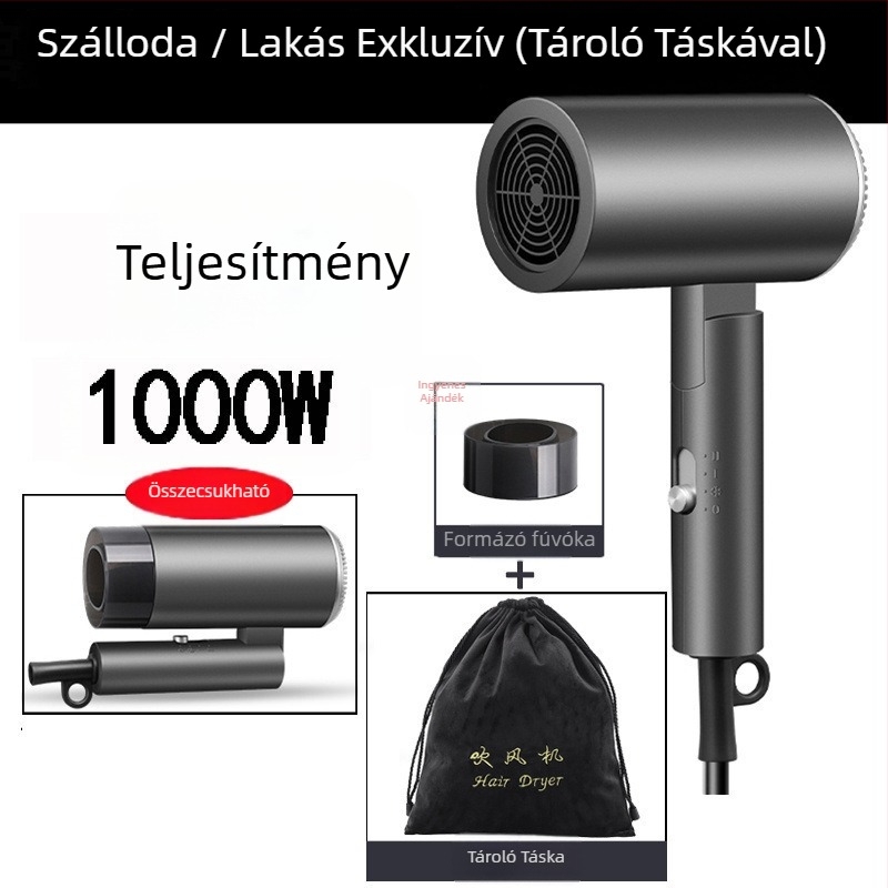 Összecsukható hajszárító hotelszobákhoz, szénkefe nélküli motor, 4 fokozat, hideg/meleg levegő, túlmelegedés elleni védelem, koncentrátoros fej